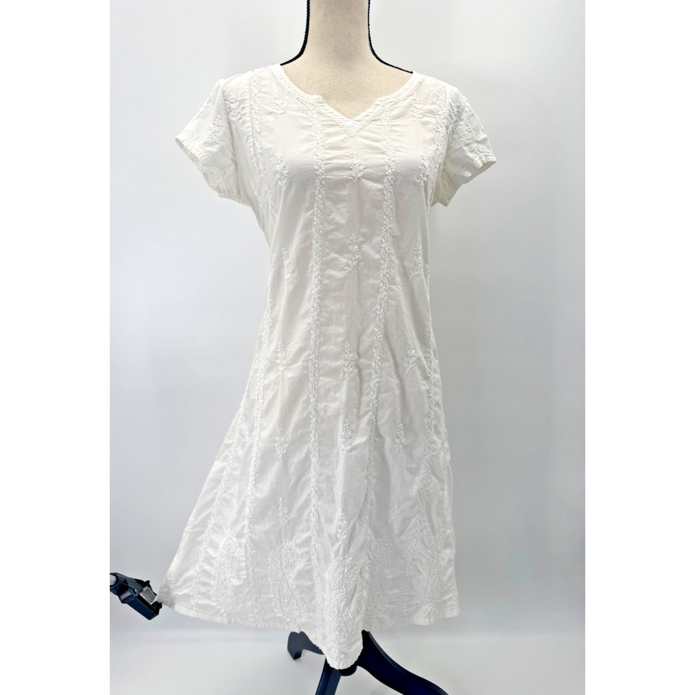 Fabindia White Cotton Embroidered V-Neck Midi Dress Medium Cottagecore Resort
